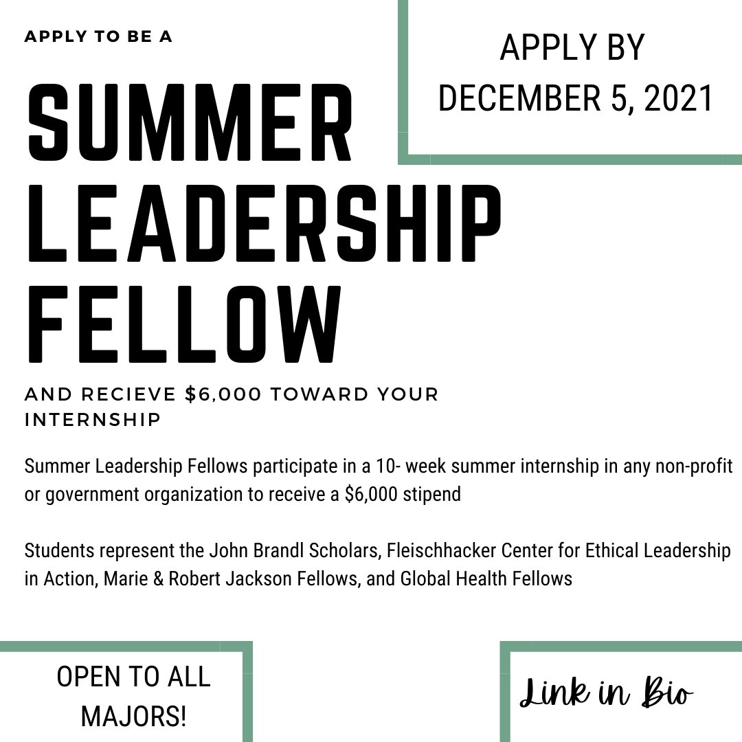 csbsjuXPD's tweet image. Summer Leadership Fellows participate in a 10-week summer internship at the non-profit or government organization of choice. Students receive a $6,000 stipend and participate in leadership programming throughout the experience. This is open to students of all years and majors.