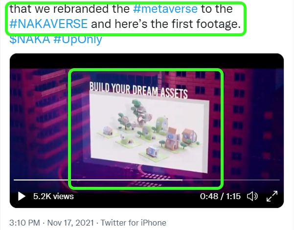 CryptoBTC_Chris's tweet photo. Write this down $NAKA main net launch this month.  

#HoldAbag

New video clip promo of their #metaverse which includes buying land and building your DREAM ASSETS.  If you missed $SAND's parabolic rally.. $NAKA will have a #mainnet launch price rally &amp; #metaverse hype too. https://t.co/C0PfVkdm4J