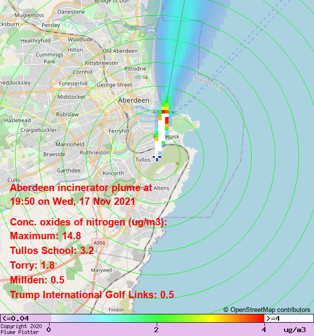 plumeplotter's tweet photo. Latest Aberdeen incinerator plume plot, 19:50 17/11/21 #Torry #Millden #TrumpInternationalGolfLinks https://t.co/AsYGojox6N https://t.co/gSks7Y0eM6