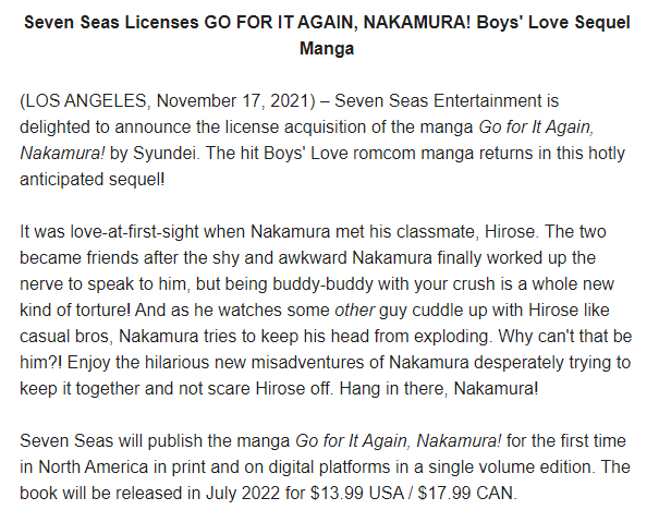 Seven Seas Licenses 'Go for It Again, Nakamura!' Boys-Love Sequel