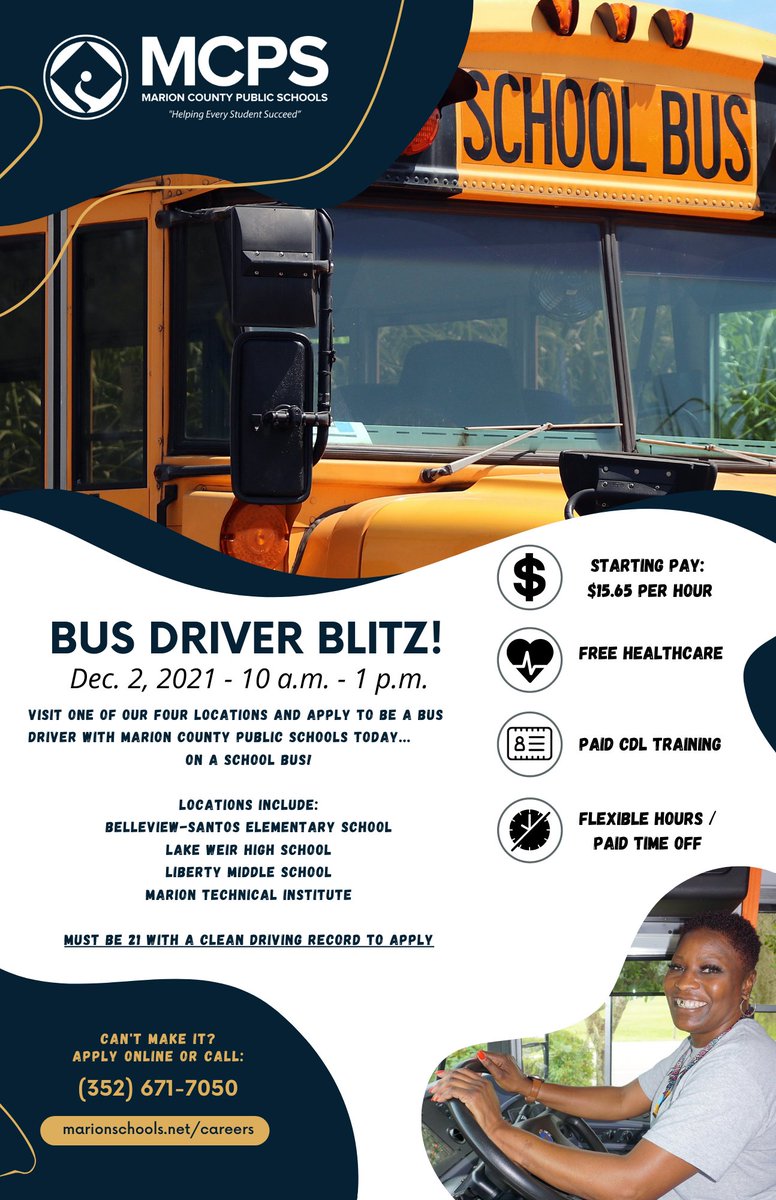 Marion County Public Schools (@marioncountyk12) on Twitter photo 🚨JOB OPPORTUNITY ALERT🚨
MCPS is holding a hiring event at <a href="/BelleviewSantos/">🐴 Belleview-Santos</a>, <a href="/LWHS_Canes/">Lake Weir High</a>, <a href="/LMSLibertyPride/">Liberty Middle</a>, & <a href="/TechnicalMarion/">Marion_Technical_Institute</a> on Dec. 2 for bus driver positions! Join our team and receive paid CDL training, free healthcare, and more!
Press Release👉bit.ly/3FpLMk1 🚨JOB OPPORTUNITY ALERT🚨
MCPS is holding a hiring event at <a href="/BelleviewSantos/">🐴 Belleview-Santos</a>, <a href="/LWHS_Canes/">Lake Weir High</a>, <a href="/LMSLibertyPride/">Liberty Middle</a>, & <a href="/TechnicalMarion/">Marion_Technical_Institute</a> on Dec. 2 for bus driver positions! Join our team and receive paid CDL training, free healthcare, and more!
Press Release👉bit.ly/3FpLMk1