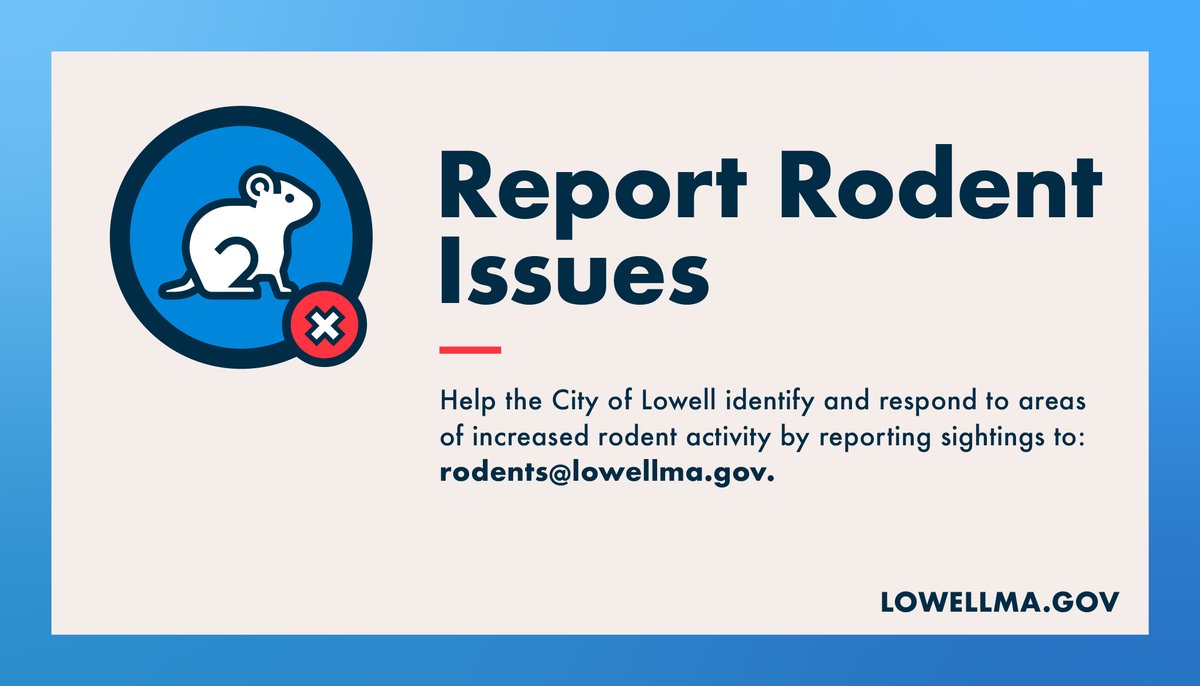 CityofLowellMA's tweet photo. If you encounter a rat or other rodent in Lowell, you can now report the information to the City at rodents@lowellma.gov. Information submitted through the sight will help Development Services monitor the prevalence rodent activity and respond to issues as necessary. https://t.co/70FrCKAkoe