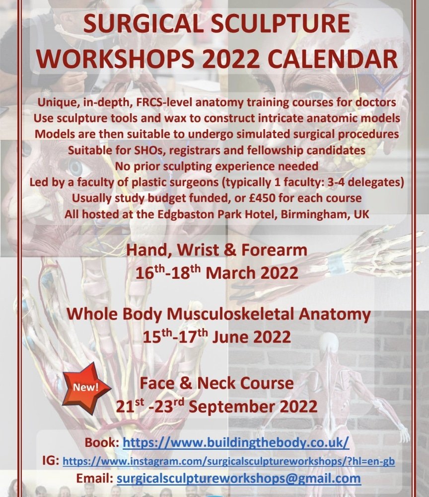 SurgicalSculpt's tweet photo. Here's our flyer for our courses for surgical trainees running in 2022! These unique courses are for trainees to learn in-depth anatomy (up to FRCS level, and beyond if desired) using sculpture!
https://t.co/L6wDZ5jsKs
#anatomy #surgerycourse #plasticsurgerycourse #surgicalart https://t.co/clY8MEFCIV