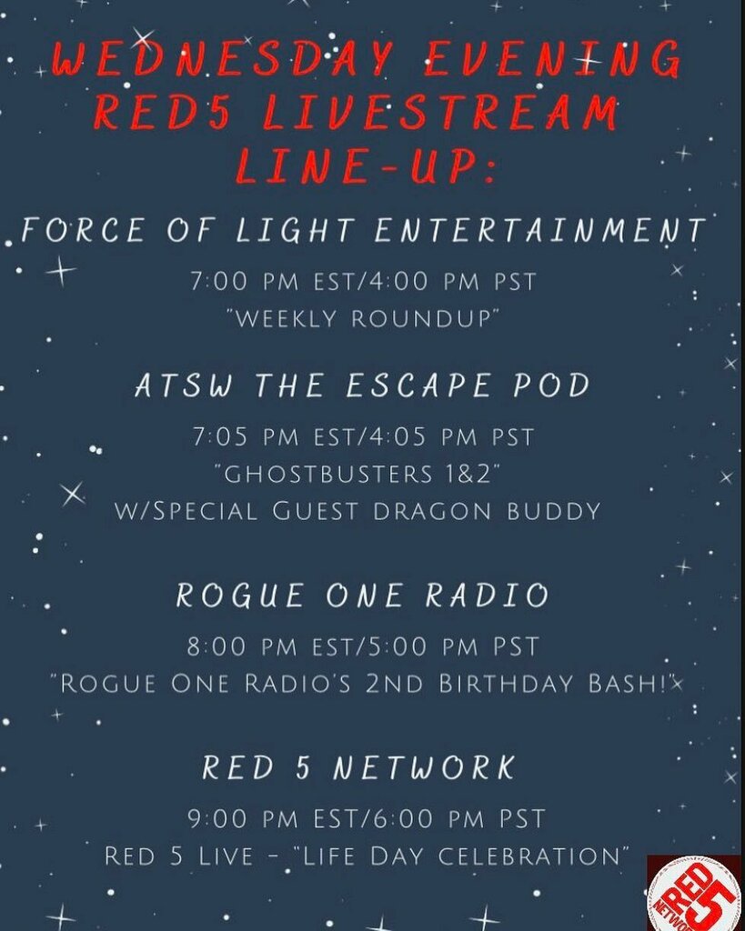 UsedAbusedpod's tweet photo. Wednesday night lineup #red5network @forceoflightentertainment @atsw_theescapepod @rogue1radio and a special #Red5Live only on the @red5network
Catch all these shows live tonight on #youtube #wearered5 #red5family https://t.co/p78rMytjo6 https://t.co/yWQ508xqEE