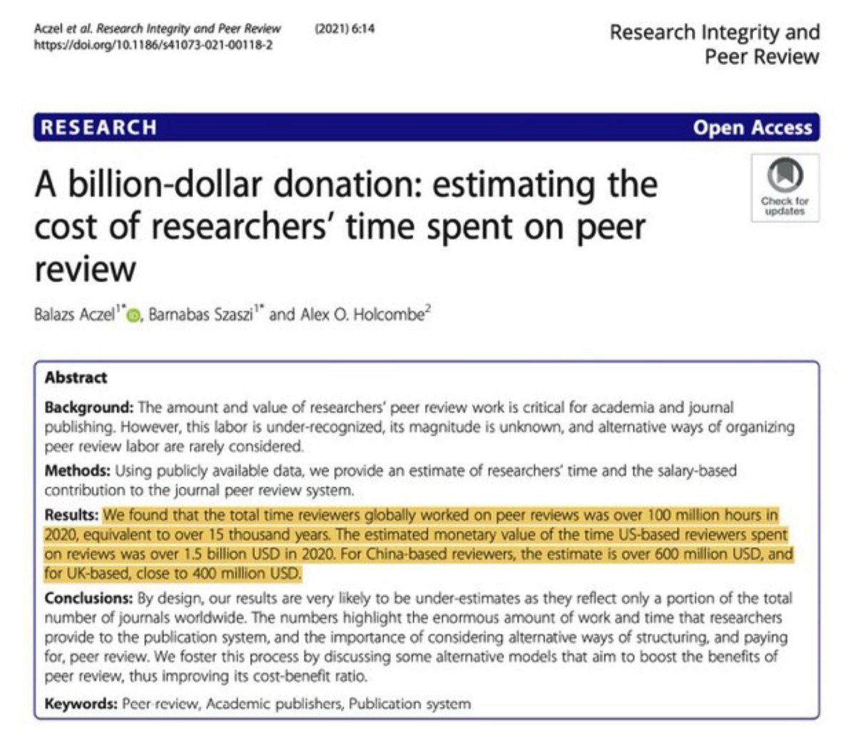 Una donación de 1000 millones de dólares: la estimación del coste (no es remunerado) del tiempo y esfuerzo de la comunidad científica en el proceso de revisión por pares (revisión de artículos científicos).
bit.ly/3wQxp5o