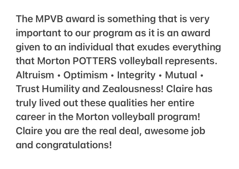 Congratulations to senior Claire Mulconrey for receiving the 🏆MPVB Award🏆 for the varsity team!