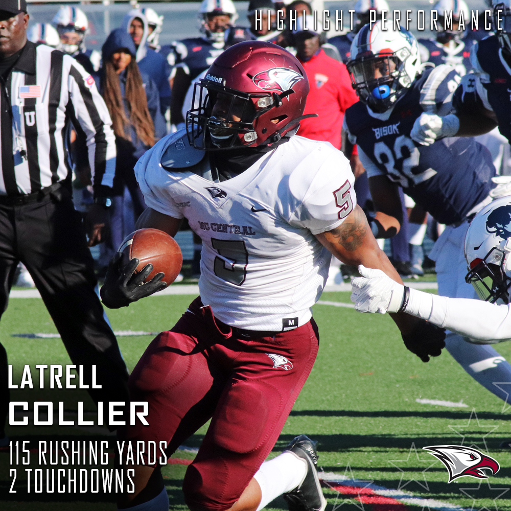 NCCUAthletics's tweet photo. HIGHLIGHT PERFORMANCE: @NCCU_Football running back Latrell "Mookie" Collier amassed 115 rushing yards with 2 touchdowns during #NCCU's 45-27 victory over Howard on Nov. 13.

#EaglePride | #EagleEra 
@MEACSports https://t.co/e8tQM8uREZ