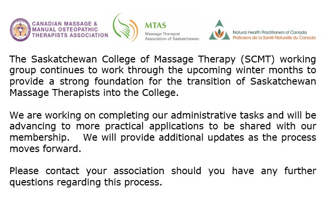 CMMOTACanada's tweet photo. Update Statement on the regulation of Massage Therapy in Saskatchewan from the Saskatchewan College of Massage Therapy working group #SCMT #SKRMTRegulation #massagetherapy https://t.co/h9EXEu4G6r