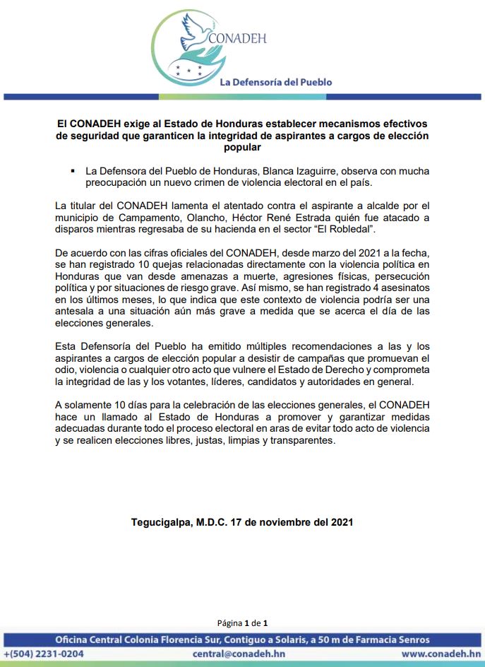 CONADEH's tweet image. 📢Pronunciamiento| La Defensora del Pueblo de Honduras, Blanca Izaguirre, observa con mucha preocupación un nuevo crimen de violencia electoral en el país.