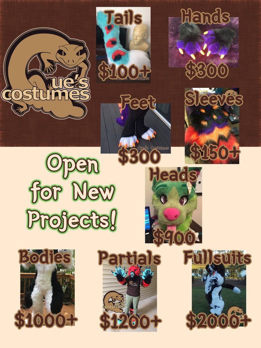 QuesCostumes's tweet photo. Estimated base numbers for our fursuit items; all are in USD and include shipping to domestic US states.

- tails 100+
- hands 300
- feet 300
- sleeves 150+
- heads $900
- bodies 1000+
- partials 1200+
- full costumes 2000+ https://t.co/fAuu5dtn9y
