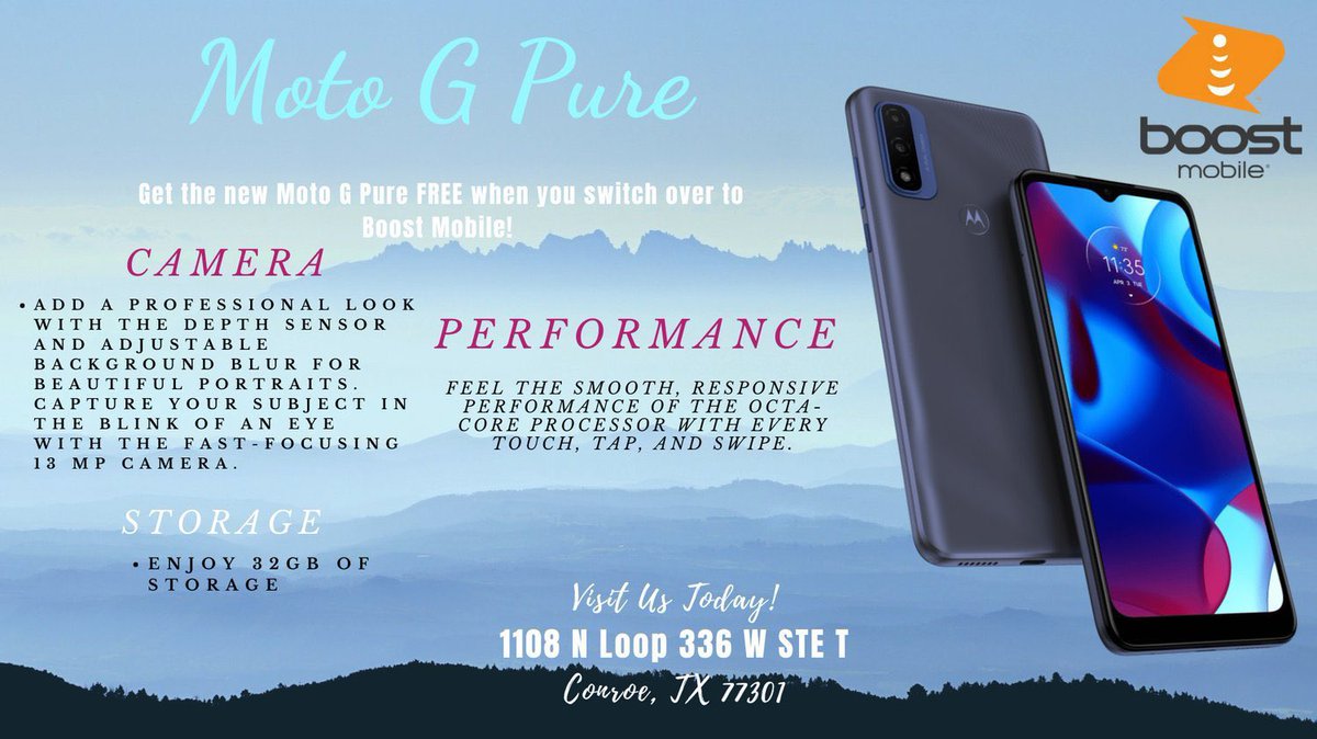 PhonesrusConroe's tweet photo. Get the new Moto G Pure FREE when you switch over to Boost Mobile! 
Visit us today at 1108 N loop 336, Conroe tx! https://t.co/ZkKYzlKkwD