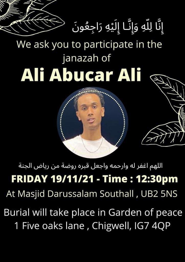 UniqueWarsame's tweet photo. Our brother Ali’s Janazah is happening this Friday, his family would like as many people to attend. So please share and retweet, thank you very much. https://t.co/koUv3al0zr
