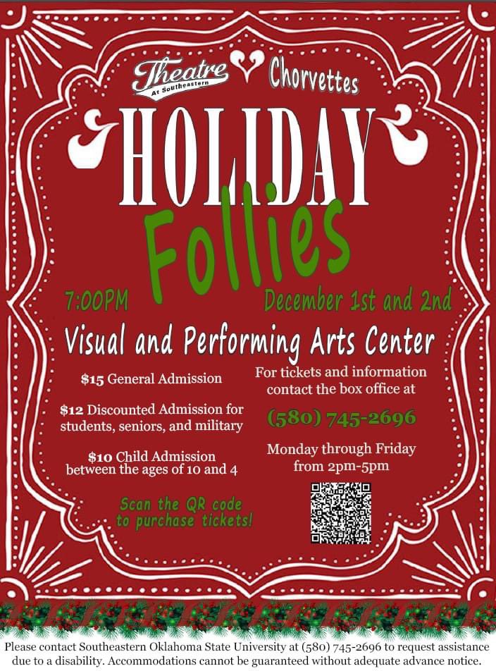 rhcoker's tweet photo. Join the Chorvettes for our annual HOLIDAY FOLLIES December 1 and 2 at 7pm in the Visual and Performing Arts Center.  As always, the SPARKS Dance Team and Mr. Bingle will be on hand to help get everyone in the holiday spirit!

Graphic design by Heaven Williams. https://t.co/Px9MeedSh1
