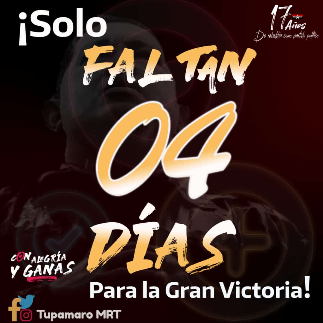 ¡FALTA POCO, FALTA POCO!

Ya quedan menos días para la Victoria del Pueblo Revolucionario.

¡No te olvides! Este #21Nov
#VotaTupamaro 

#SistemaElectoralEsGarantia