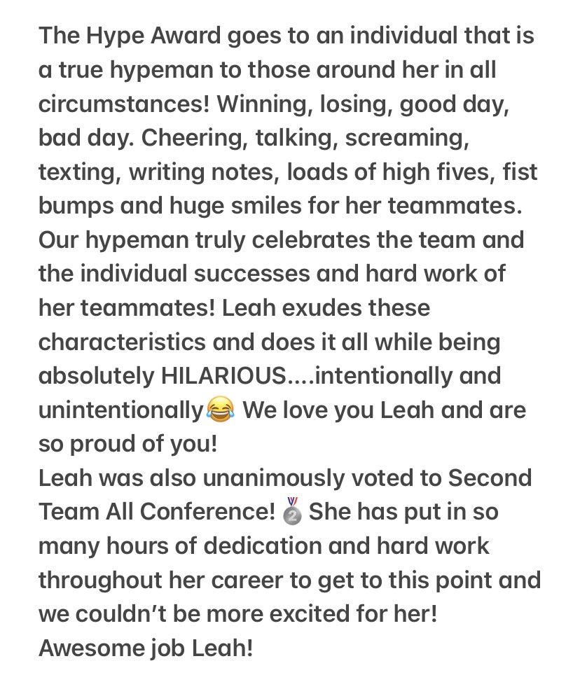 Congratulations to senior Leah Erbentraut on receiving two special recognition awards for this season! Leah received the 🔥Hype Award🔥 for the varsity team and was voted Second Team All Conference!!