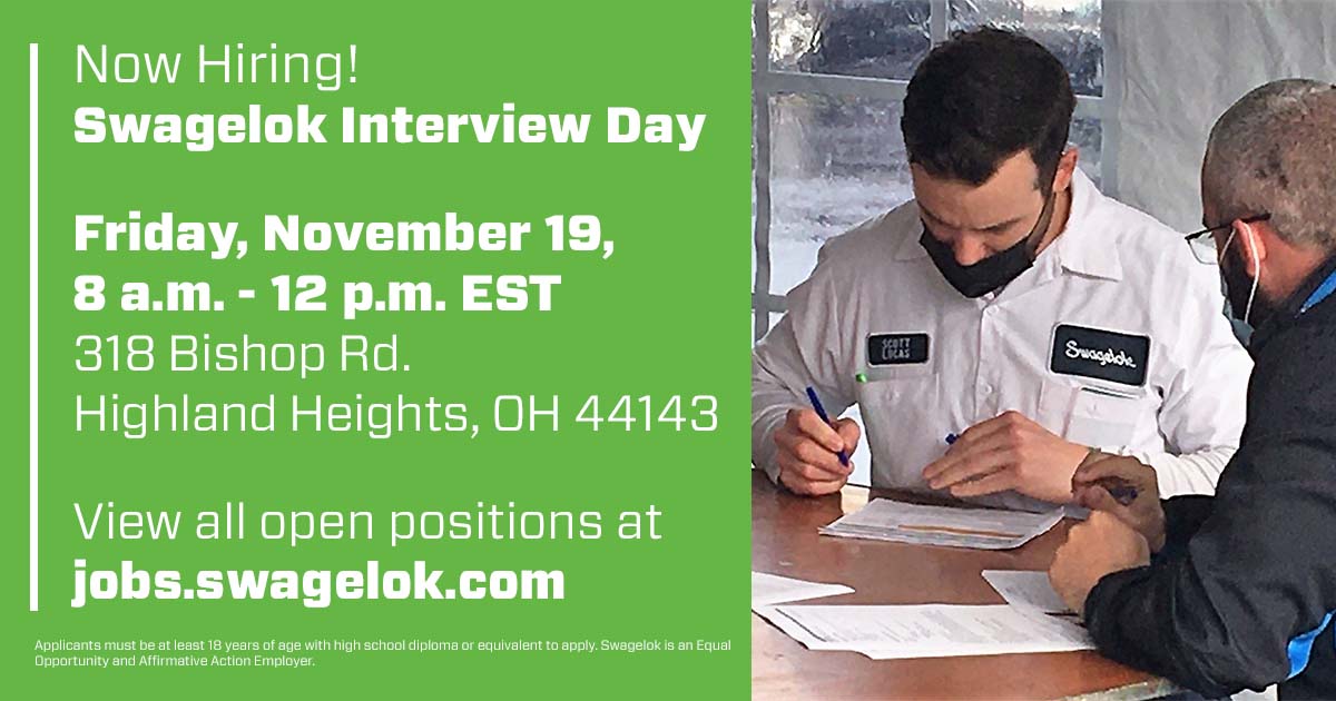 Swagelok's tweet photo. Want a new #job? Join us Friday @ our Highland Hts. facility. View the post @ the top of our page for details. Benefits start day 1 &amp; signing bonuses are available for many #machineoperator positions! Schedule an appt. here: https://t.co/gH6L6uCXFA https://t.co/9HmJWoCT21