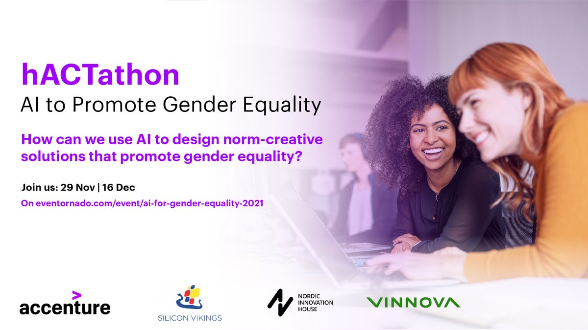 Lovisa Bergman (@lovisabergman3) on Twitter photo Do you want to create #AI solutions on #genderequality and act towards #SDG 5🇺🇳⚧?
Join us in a virtual hACTathon hosted by <a href="/Accenture/">Accenture</a>, <a href="/Vinnova/">Vincent ONG</a>, <a href="/siliconvikings/">Silicon Vikings (also on Blueskye and Threads)</a> and Nordic Innovation House. Register now: eventornado.com/event/ai-for-g… #Tech4Good #socialinnovation #ai4good Do you want to create #AI solutions on #genderequality and act towards #SDG 5🇺🇳⚧?
Join us in a virtual hACTathon hosted by <a href="/Accenture/">Accenture</a>, <a href="/Vinnova/">Vincent ONG</a>, <a href="/siliconvikings/">Silicon Vikings (also on Blueskye and Threads)</a> and Nordic Innovation House. Register now: eventornado.com/event/ai-for-g… #Tech4Good #socialinnovation #ai4good