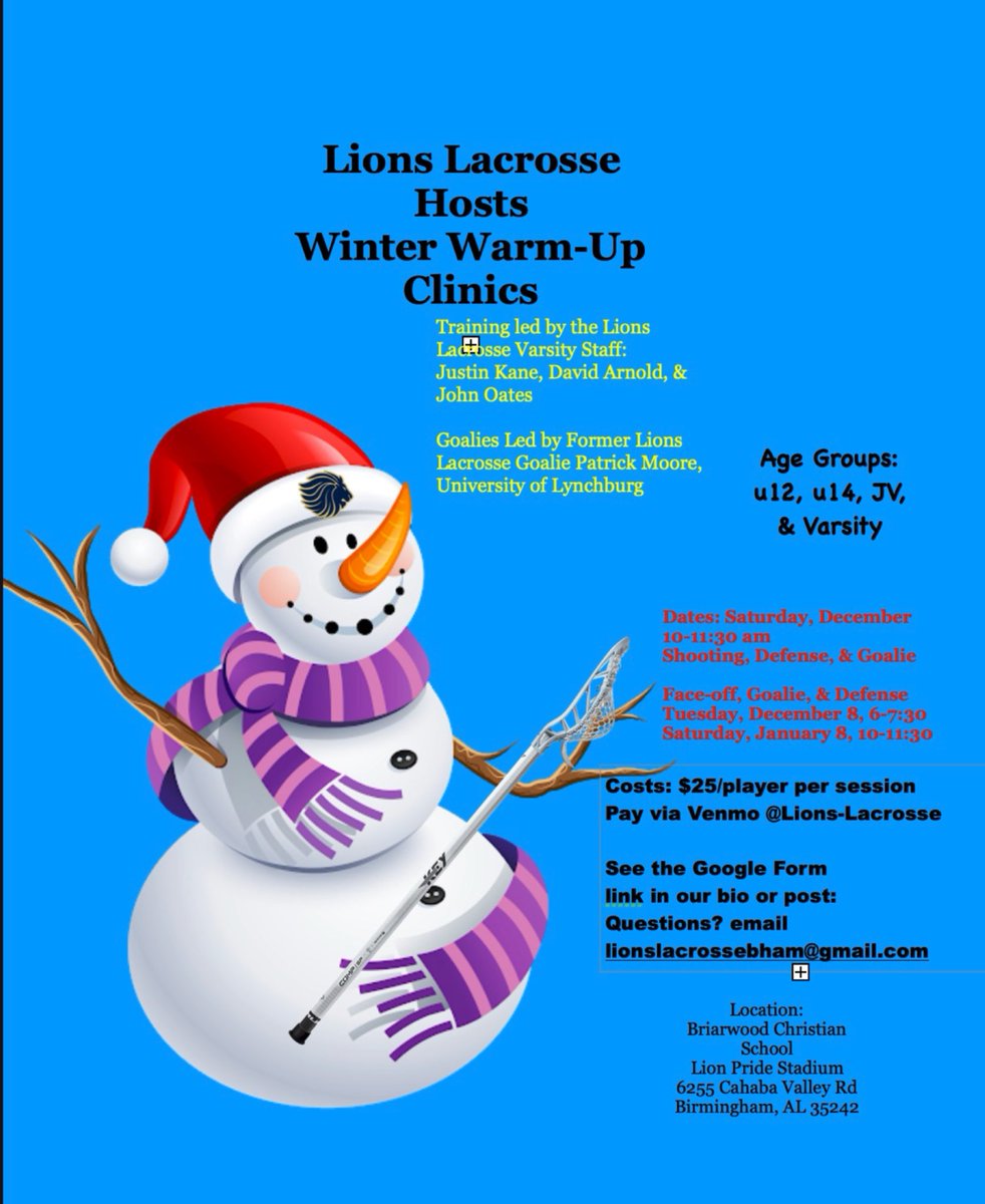 Winter Clinics are back! Register @https://forms.gle/Em4KctB6LLvJC5Qs5!  <a href="/BhamLax/">GBYLA</a> <a href="/TalkDixie/">Dixie_Lax_Talk</a> @AlabamaLacrosse