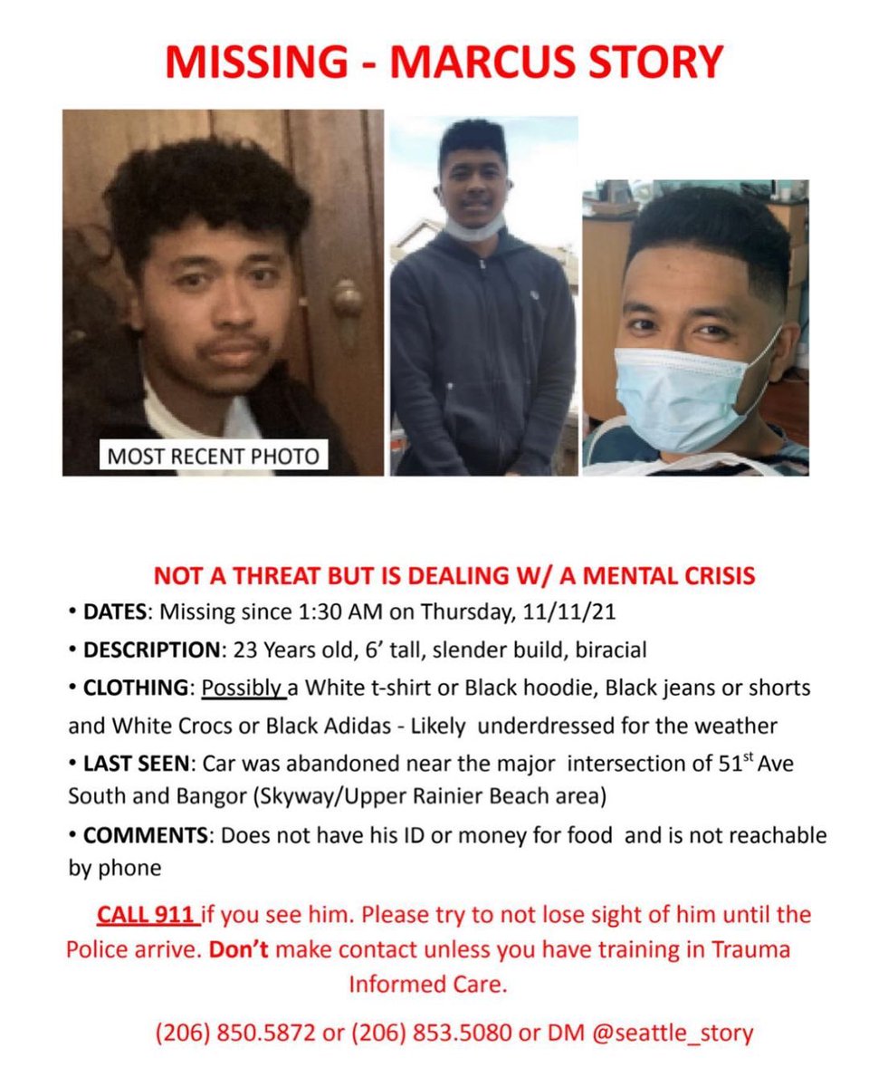 KCEquityNow's tweet image. Community! Please continue sharing and amplifying! Marcus story is still missing and has been for almost a week. He left his house without his wallet and was underdressed for the weather. He was last seen in the Skyway/Tukwila area. (1/2)