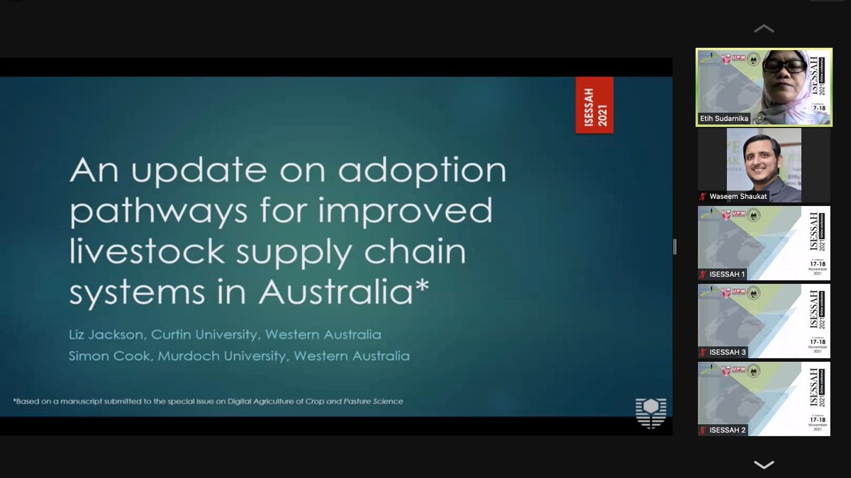 drwaseemshaukat's tweet photo. Elizabeth Jackson of @CurtinUni enlightens on digital transformation using case studies from Australia's meat industry during the 2nd of the #ISESSAH Conference 2021. #ISESSAH2021 @isessah2021 #DigitalTransformation #animalhealth @Aus_Meat_Ind @BeefAustralia @aba_beef https://t.co/f6uREUsUId