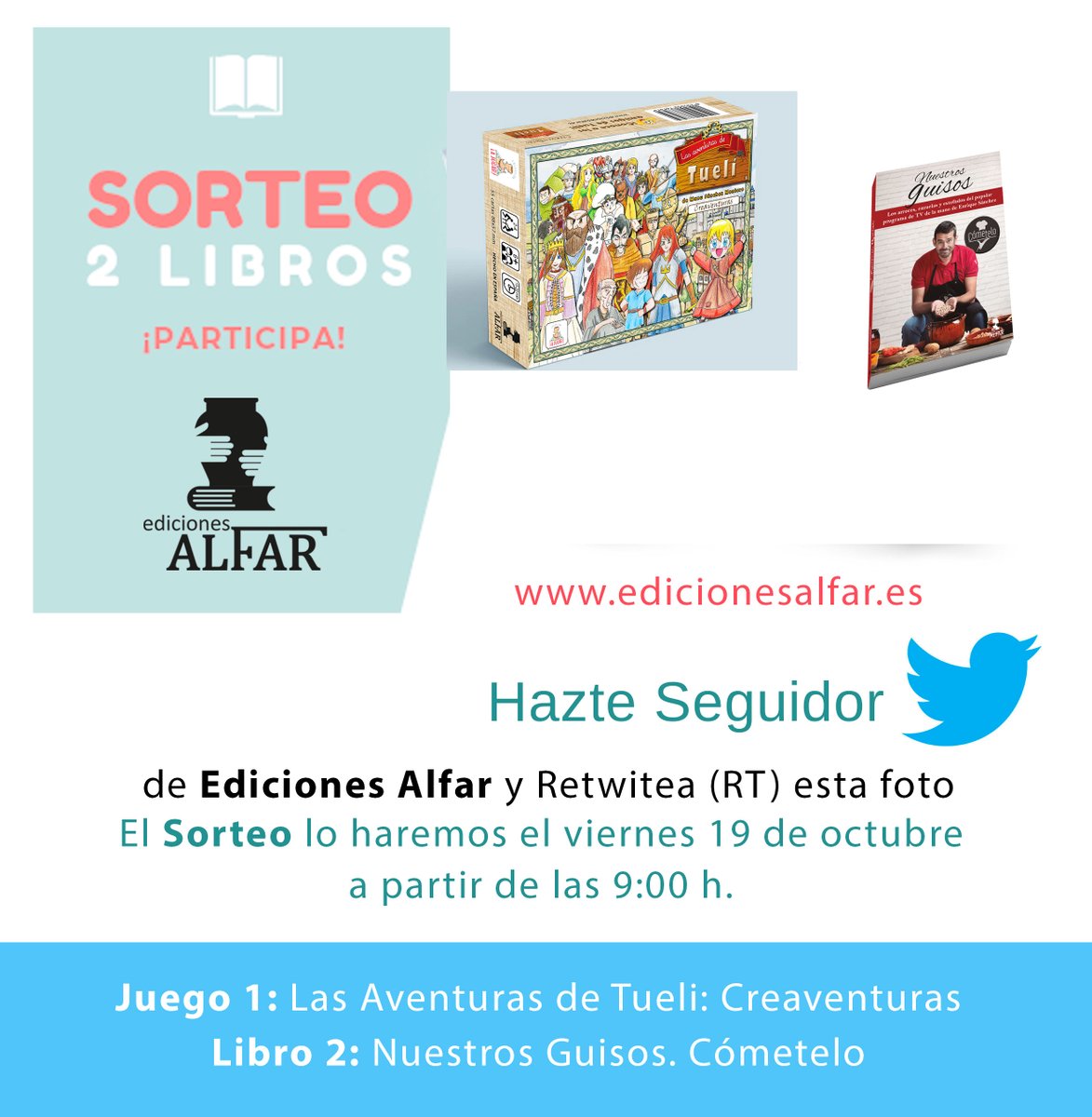 EdicionesAlfar's tweet photo. #edicionesalfar #sorteolibros 
¡COMENZAMOS NUESTRO SORTEO EN TWITTER DE NOVIEMBRE! Hazte seguidor de Ediciones Alfar, retwitea esta imagen y entrarás en el sorteo de 3 lotes con estos dos títulos. Sorteo viernes 19/11 a partir de las 9 horas. Informamos por aquí a los ganadores https://t.co/ZEMppWqX5f