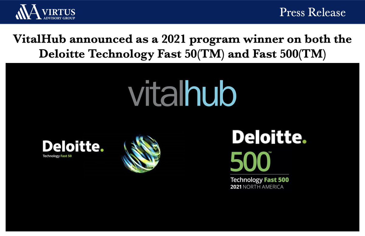 Virtus_Advisory's tweet photo. VitalHub $VHI.T announced as a 2021 program winner on both #Deloitte #Technology Fast 50 and Fast 500

Company is meeting the transformative digital needs of #healthcare providers around the globe

#ValueInvesting #stocks #investing #smallcaps

Read PR: https://t.co/dMpuCrxqzZ https://t.co/JhDnoSwVjT