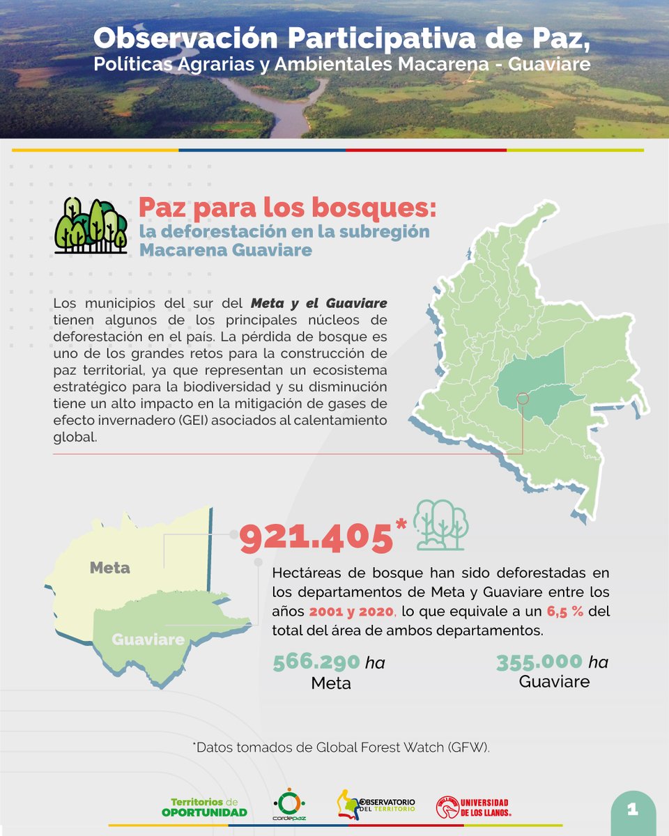 ObservatorioTer's tweet photo. 🧐De acuerdo a Global Forest Watch (GFW), los departamento de Meta y Guaviare perdieron cerca de 921.405 Ha de cobertura boscosa entre el 2001 y el 2020. La deforestación es uno de los grandes retos del posacuerdo. ¡Explora esta infografía! #TerritoriosdeOportunidad https://t.co/29tzYJUoi6