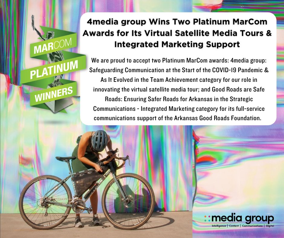 4media_group's tweet photo. 4media-group is proud to receive two Platinum MarCom awards, one in the Team Achievement and the other in the Strategic Communications - Integrated Marketing category. 

Read more here: https://t.co/Jm7xSMDbun  
#4mediagroup #4mg https://t.co/zeRdz0tlgR