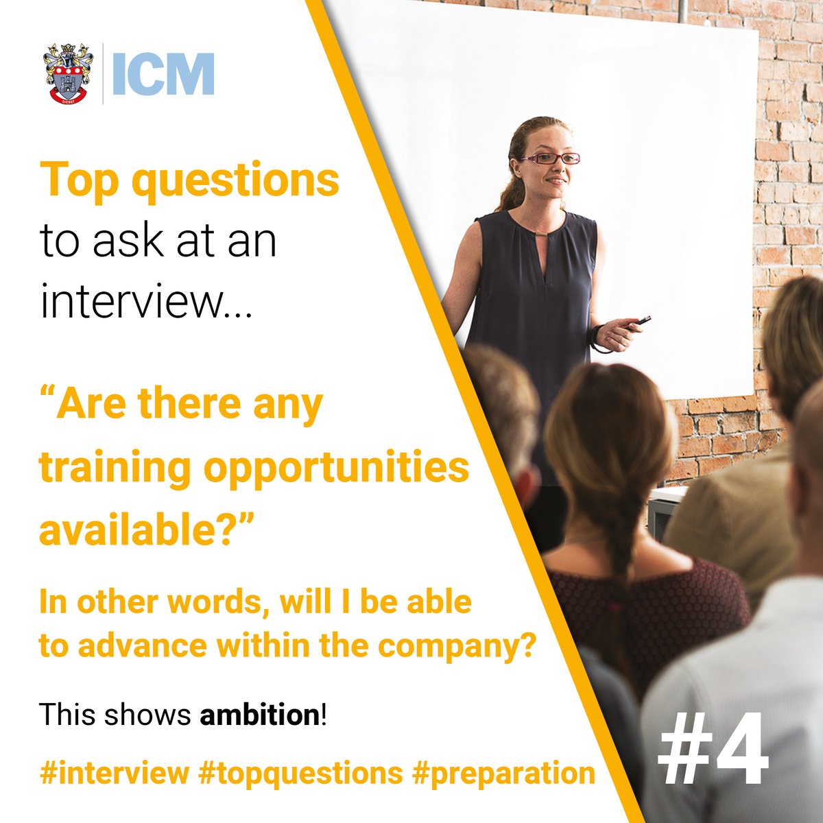 InstituteCM's tweet photo. Being prepared and able to ask a potential employer relevant questions at the end of a job interview is vital if you want to impress. Top question #4.
#training #opportunity #ambition #interview #topquestions #preparation #potential #employer #questions #jobrole #learn #ICM https://t.co/GI4L1H0uZV