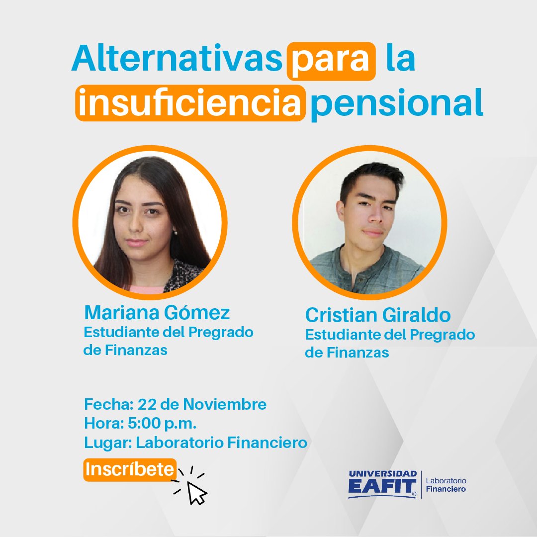 LabFinEAFIT's tweet photo. 👉Hoy los queremos invitar a esta capacitación liderada por dos de nuestros monitores, Mariana Gómez y Cristian Giraldo, ambos estudiantes del Pregrado de Finanzas👩‍💻🧑‍💻
📆22 de noviembre
⏰5:00 p.m.

😃Inscríbete aquí: https://t.co/l41YxkbWGr https://t.co/DCN51vMFed