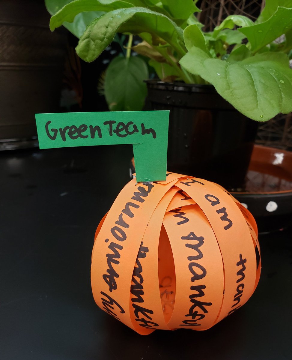 VJAGreenTeam's tweet photo. Although the rain kept us inside on #NationalTakeAHikeDay, Green Team made the coolest Gratitude Pumpkins today!! Shout out to Elise for the awesome Green Team pumpkin!! @AndrewHS_d230 https://t.co/wADJII42MS