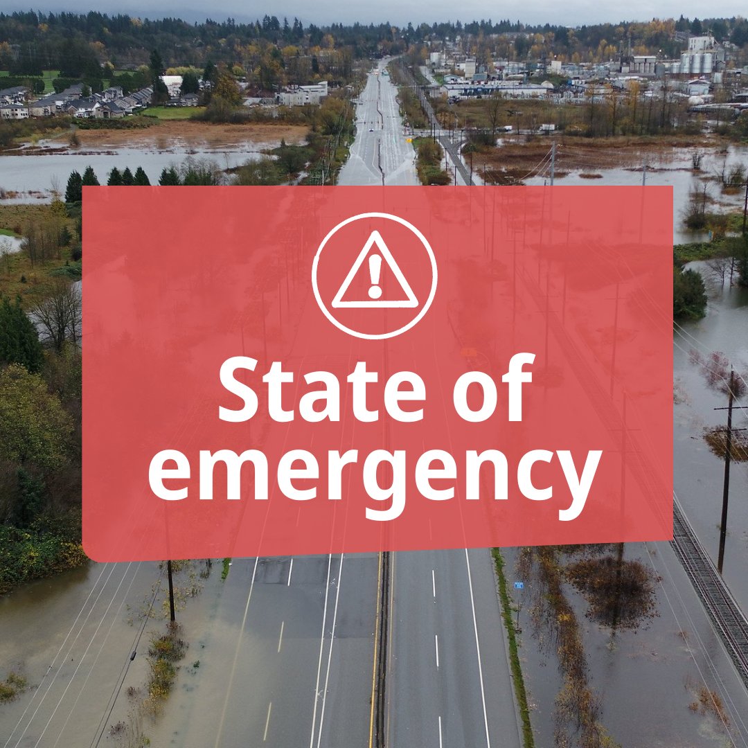 BCGovNews's tweet photo. We have declared a provincial state of emergency so we can take additional measures to support people &amp; communities affected by flooding &amp; landslides. It will also help us make sure essential goods &amp; services can reach hard hit communities. https://t.co/zVDV0Sa4e3 #BCFlood https://t.co/qgasSeGZKp