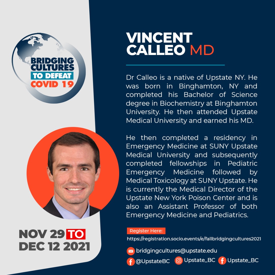 UpstateBC's tweet image. Introducing Dr. Vincent Calleo!

A native of Upstate, NY, Dr. Calleo attended SUNY Upstate Medical University for medical school and residency training. Tune in for his presentation relating to emergency and critical care.

#virtualexchange #virtualexchangeprogram
#globalhealth