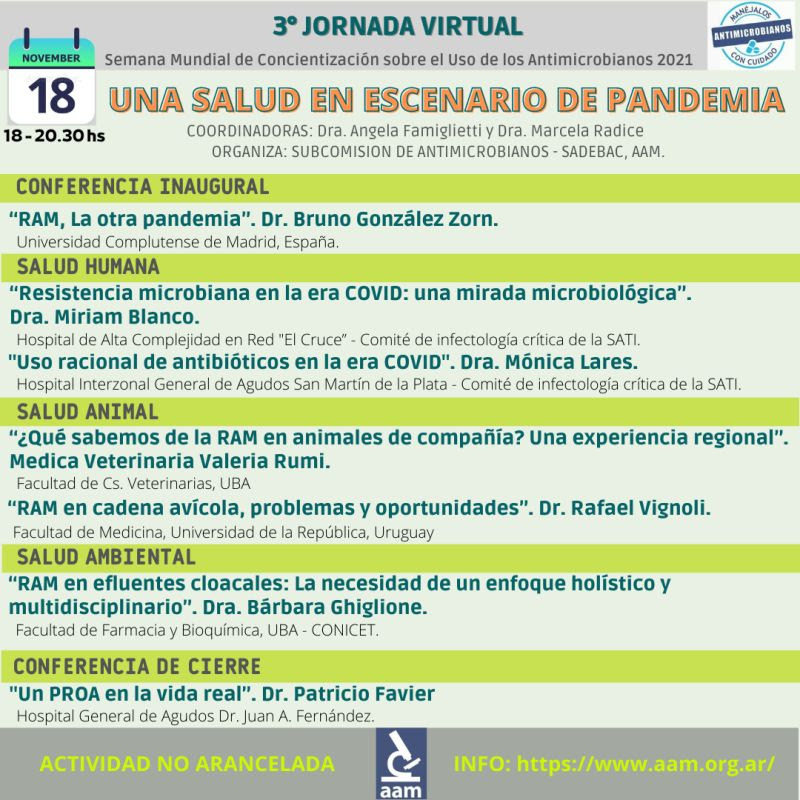 📣Queremos invitarlos a 3° Jornada Virtual de Una Salud en escenario de Pandemia
🎙️¿Qué sabemos de la RAM en animales de compañía? Una experiencia regional
👩🏻‍🔬 <a href="/ValeRumi/">Valeria Rumi</a>
🎙️RAM en efluentes cloacales: la necesidad de un enfoque holístico y multidisciplinario
👩🏻‍🔬 @BarbaraGhiglio2