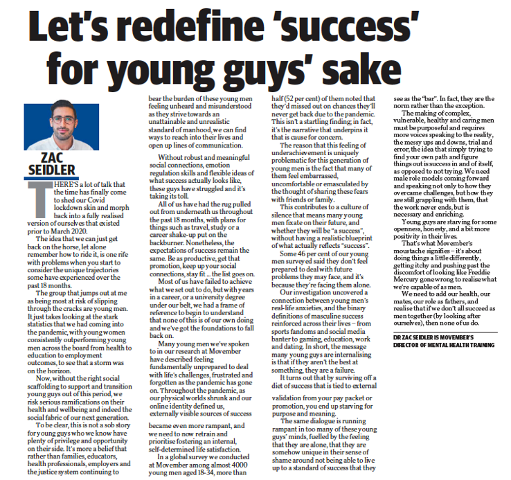 Dr. Zac Seidler (@zacseidler) on Twitter photo My new opinion piece today via <a href="/theheraldsun/">Herald Sun</a> on why we urgently need to redefine what success means for young men and provide them with a realistic blueprint of modern day manhood that purposefully reprioritises social connection, health & wellbeing in their lives. Take a read! My new opinion piece today via <a href="/theheraldsun/">Herald Sun</a> on why we urgently need to redefine what success means for young men and provide them with a realistic blueprint of modern day manhood that purposefully reprioritises social connection, health & wellbeing in their lives. Take a read!