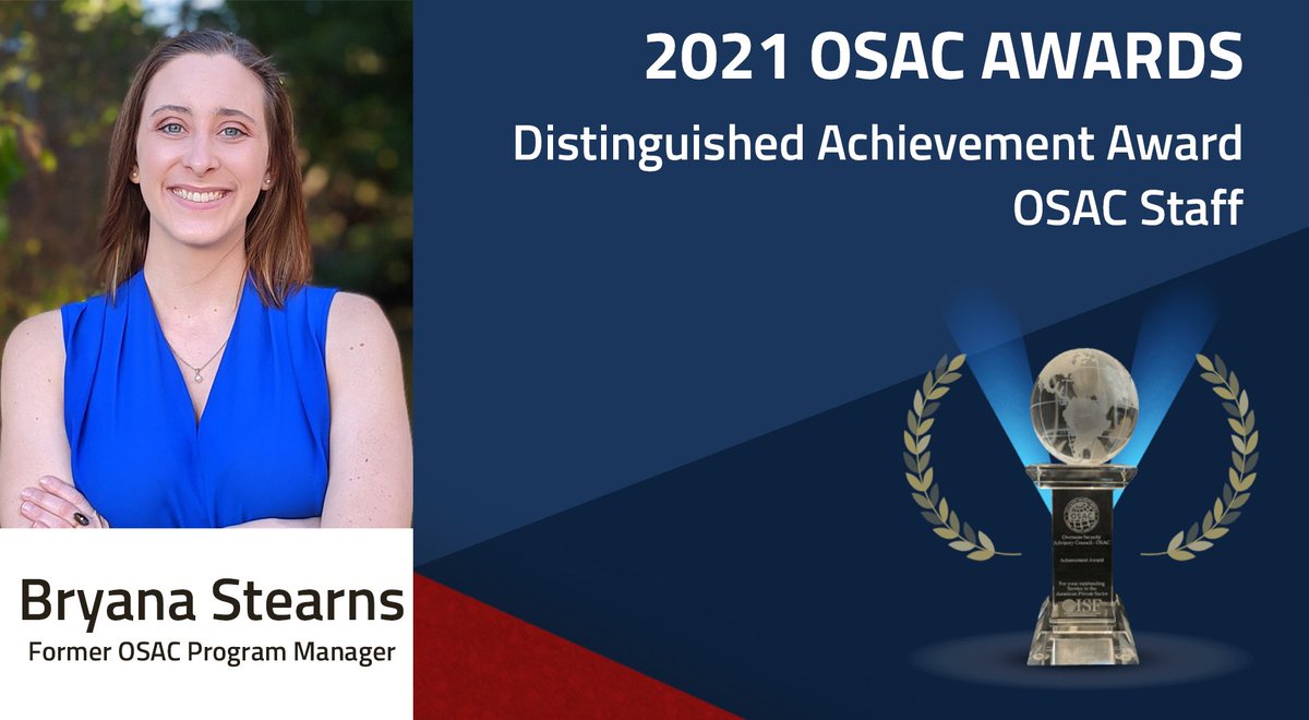 OSACstate's tweet photo. Congratulations to former OSAC Program Manager, Bryana Stearns, on her 2021 OSAC Award!
#OSACAwards #OSACAnnualBriefing https://t.co/3ZddAfqWca