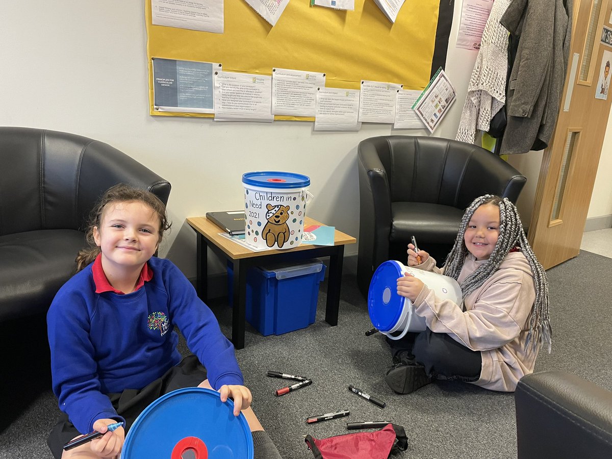 These two can’t stop being helpful this week @MostonFieldsPS , we are lucky to have such dedicated pupils help us get ready for #ChildreninNeed  Warning to parents, they will@be enthusiastically chasing you with buckets on Friday drop off and pick up!🙈