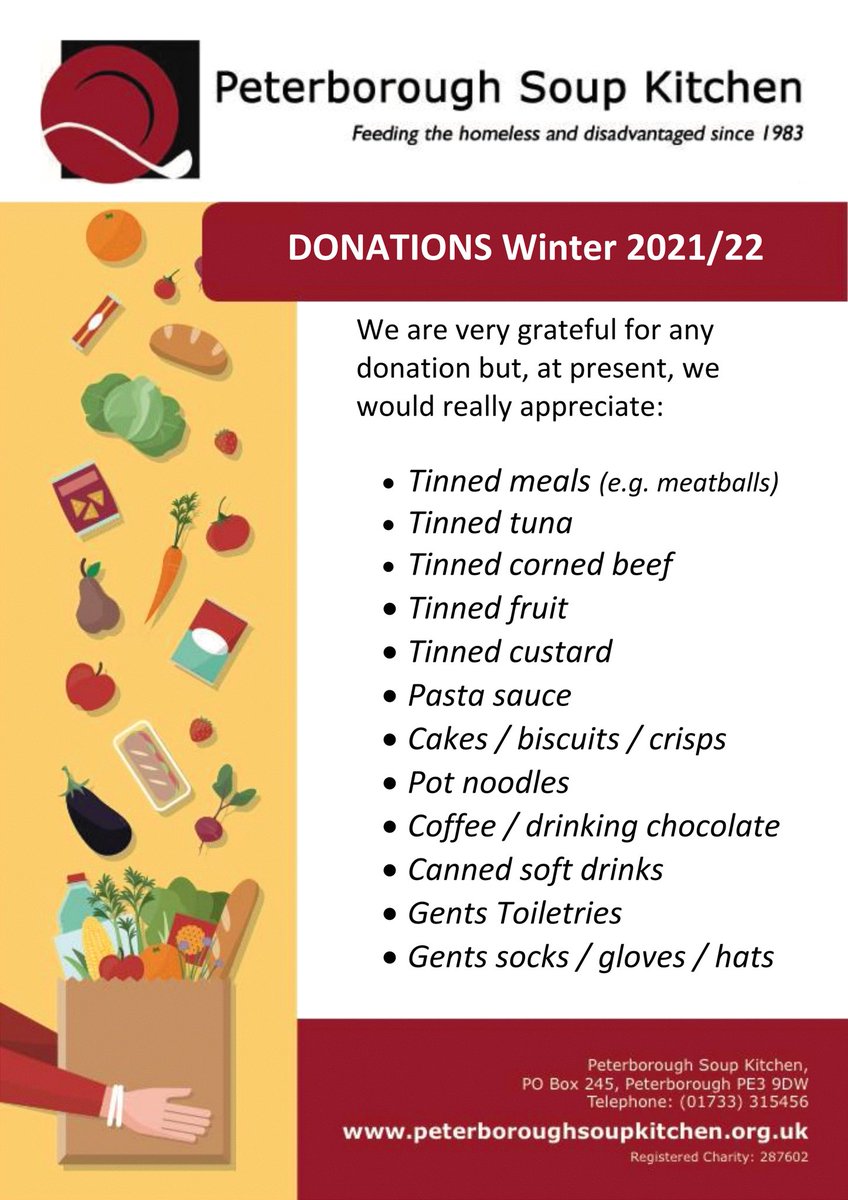 PSK_news's tweet photo. It is the time of year when we require more nourishing and substantial food items. You can either deliver your donations to our kitchen or we can arrange to collect. Please either ring 01733 315456 or email supplies@peterboroughsoupkitchen.org.uk #feedingthehomeless #thankyou https://t.co/YJA7KxBHGN