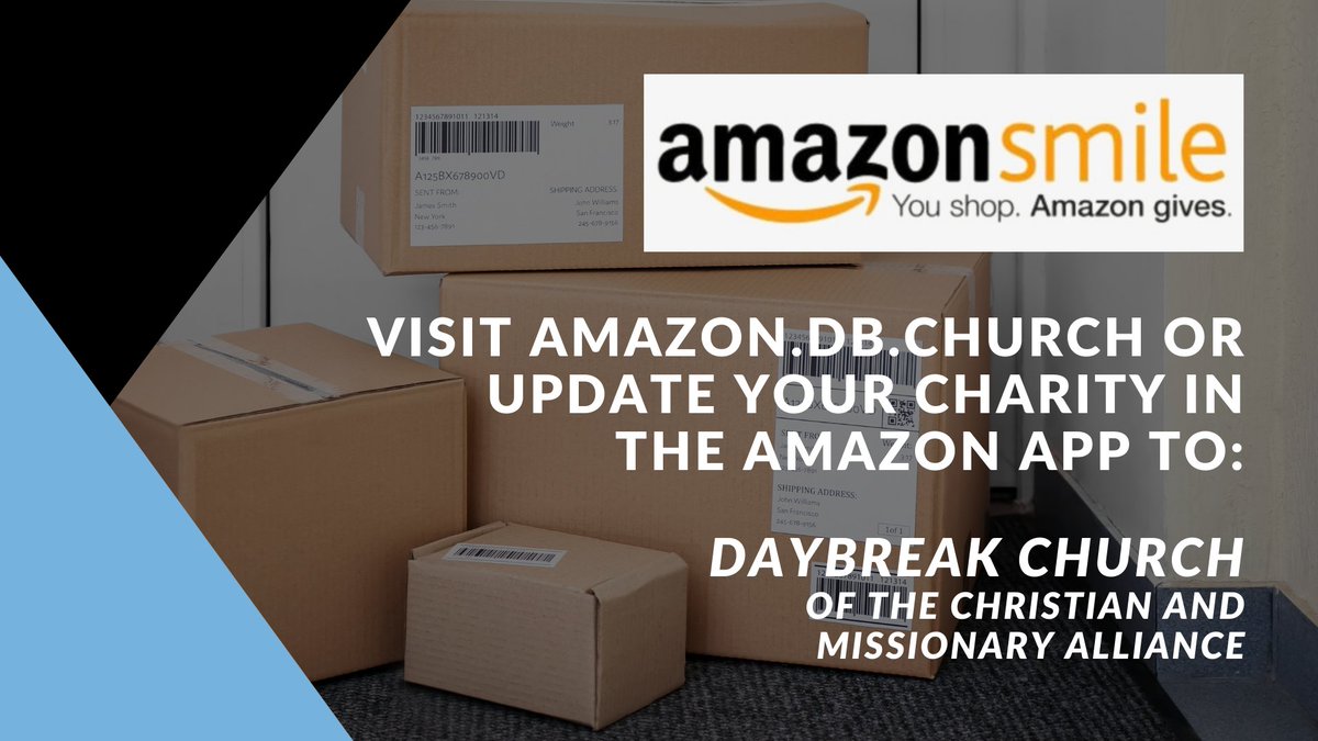 daybreakweb's tweet photo. Amazon will donate a portion of your purchases to Daybreak if you choose us as your Amazon Smile charity! Just head to https://t.co/T0qmrEMTy1 to get started, or search Amazon Smile in the app and choose: Daybreak Church of the Christian and Missionary Alliance https://t.co/rYcIB1uurC
