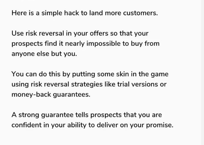 YourAgencyShop's tweet photo. Here is a simple hack to land more customers.

Use risk reversal in your offers so that your prospects finds it nearly impossible to buy from anyone else but you.

A Strong guarantee tells prospects that you are confident in your ability to deliver on your promise. https://t.co/wRgcsCnYgD