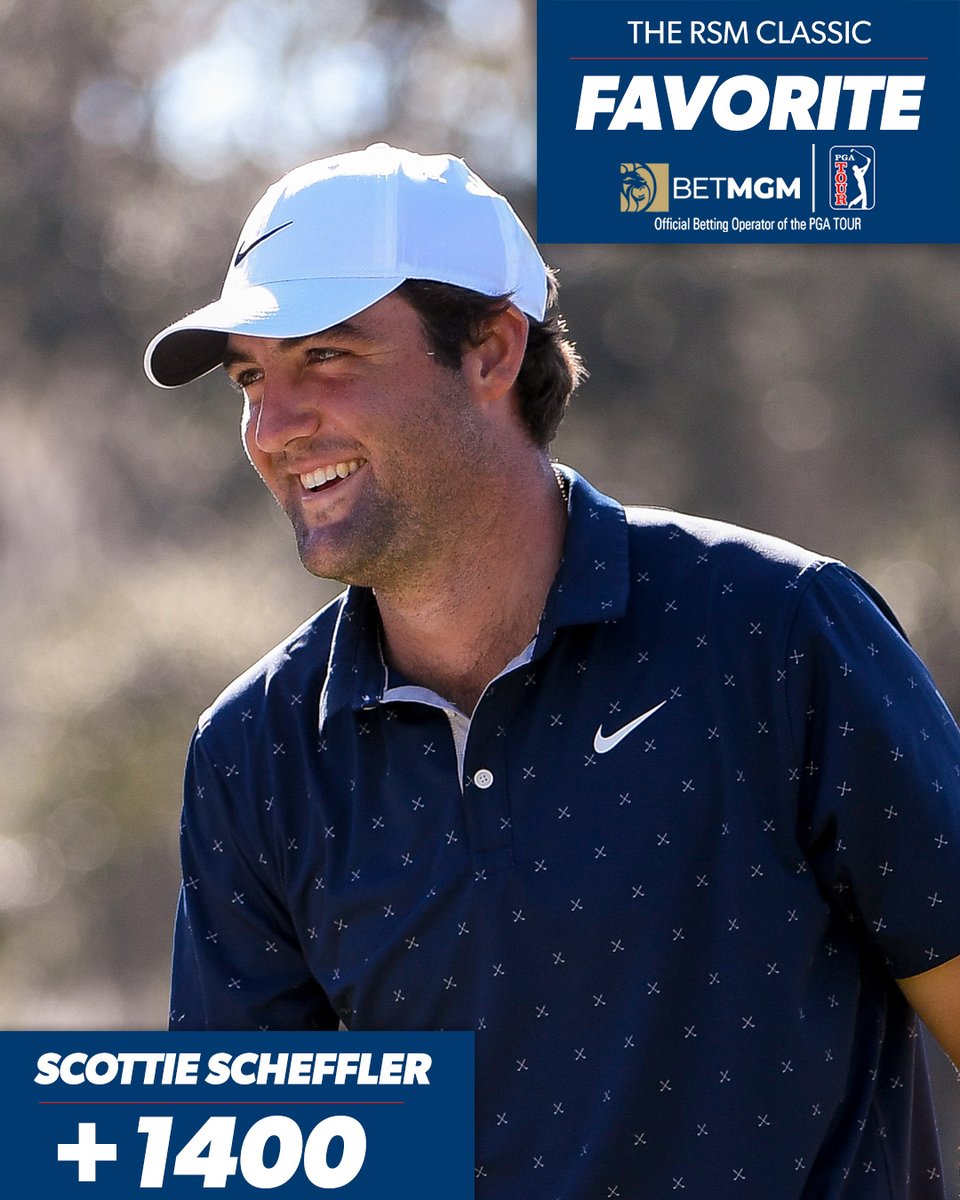 PGATOUR's tweet image. Favorites to win @TheRSMClassic:

Scottie Scheffler +1400
@WebbSimpson1 +1600
Cameron Smith +1800
@Louis57TM +2000
@CoreConn +2500
@RussHenleyGolf +2800
@Harris_English +3000

(Odds via @BetMGM)