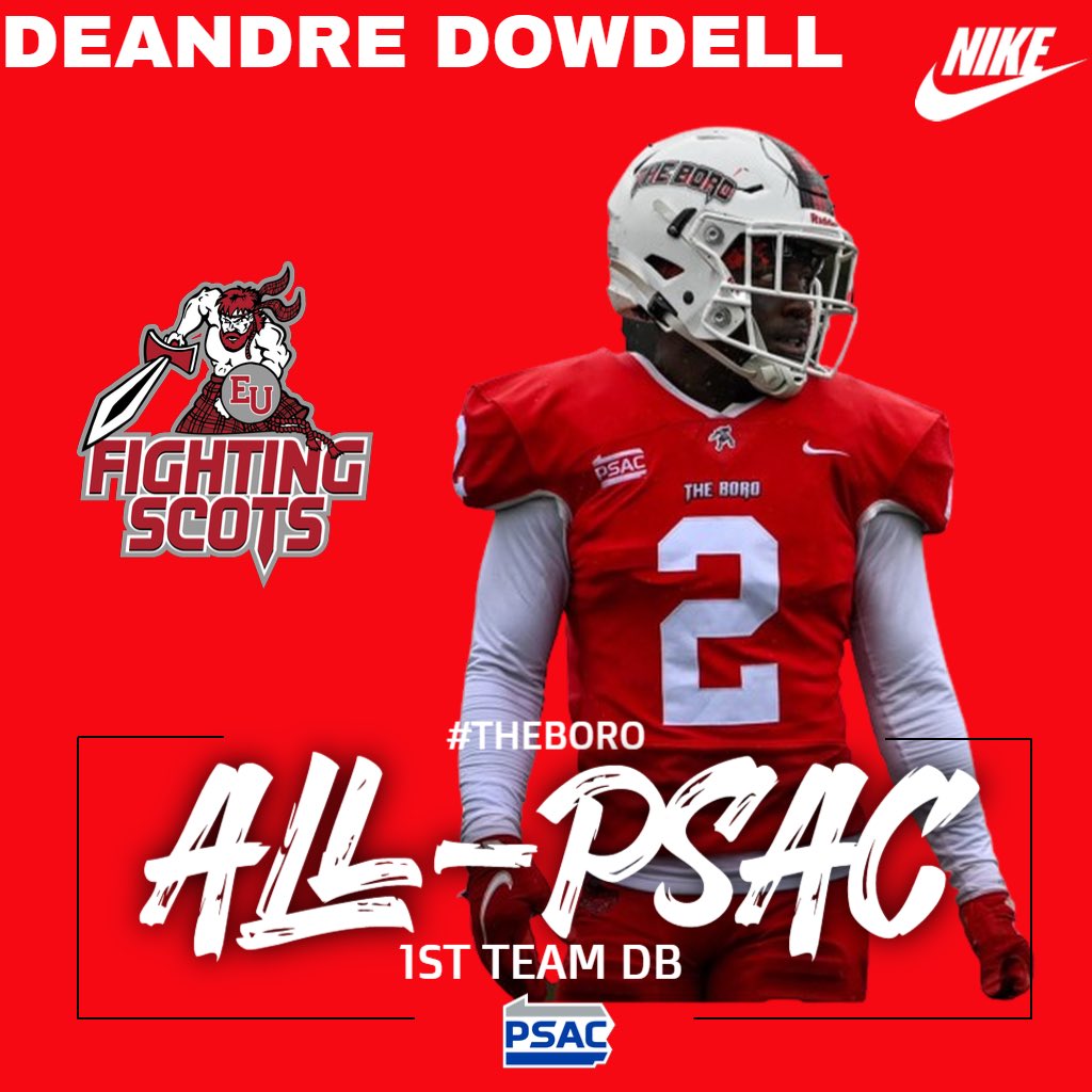 EdinboroFB's tweet photo. Congratulations to Senior, Deandre Dowdell, on being named 1st Team All-Conference Defensive Back! 

#THEBORO 🔴🗡🛡⚪️ https://t.co/dRZPHhKQ2V