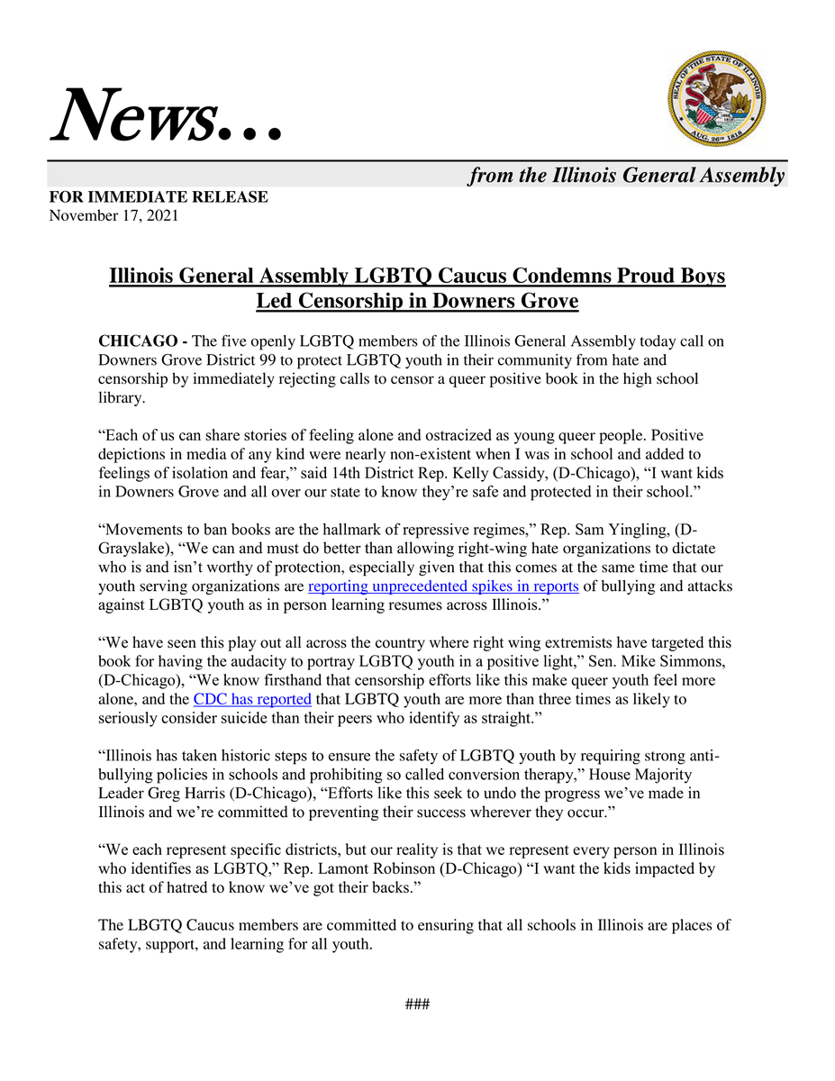 ILRepCassidy's tweet image. The five openly LGBTQ members of the Illinois General Assembly including myself call on Downers Grove District 99 to protect LGBTQ youth in their community from hate and censorship by immediately rejecting calls to censor a queer positive book in the high school library.