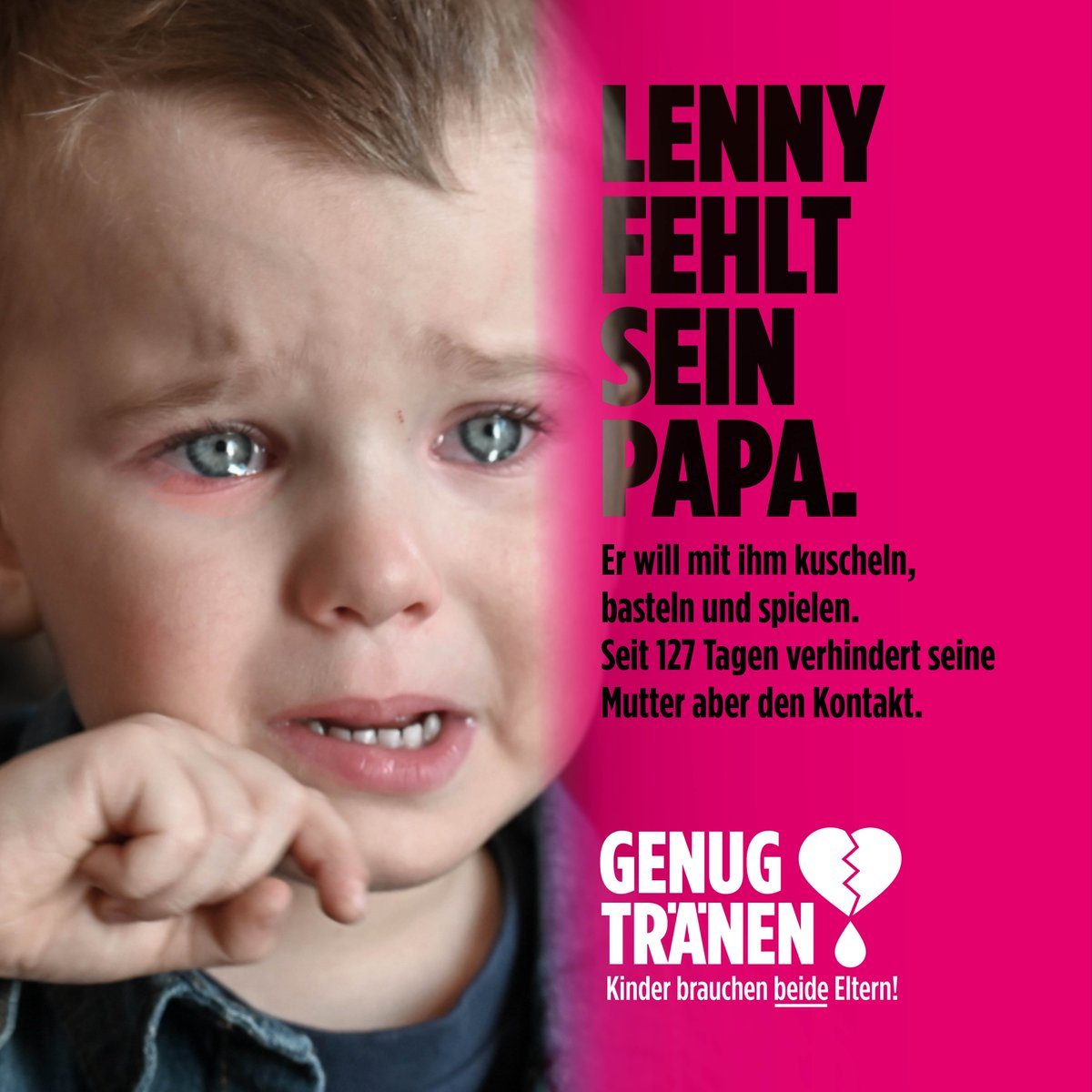 Kein Kind darf gezwungen werden, sich für nur einen Elternteil zu entscheiden – und damit gegen den anderen. 
Kämpfen Sie mit uns gegen Eltern-Kind-Entfremdung!

Mehr unter: genug-traenen.de
#kinderbrauchenbeideeltern #elternkindentfremdung #2023istschluss
