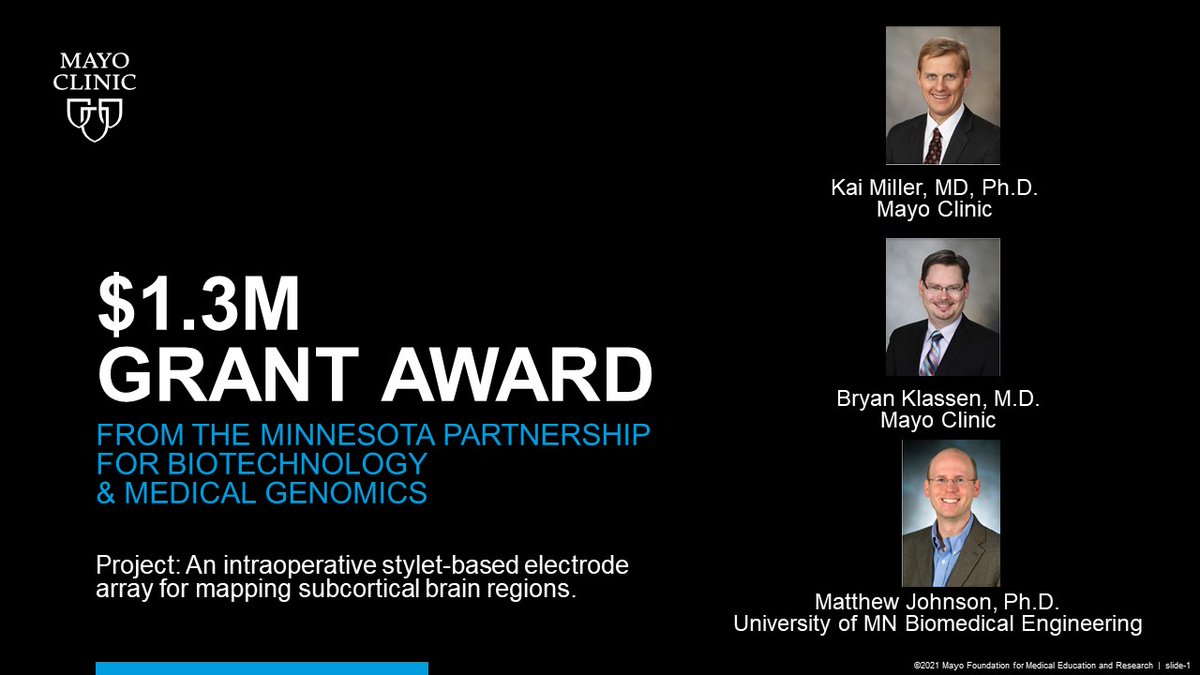 Mayo Clinic Neuro (@mayoclinicneuro) on Twitter photo Congratulations to <a href="/Kai_J_Miller/">Kai J. Miller, PhD, MD, PhD</a> and Dr. Bryan Klassen, along with Matthew Johnson Ph.D. from <a href="/UMNBME/">UMN Biomedical Eng</a>, for being awarded a $1.3M grant from the MN Partnership for Biotechnology & Medical Genomics. Congratulations to <a href="/Kai_J_Miller/">Kai J. Miller, PhD, MD, PhD</a> and Dr. Bryan Klassen, along with Matthew Johnson Ph.D. from <a href="/UMNBME/">UMN Biomedical Eng</a>, for being awarded a $1.3M grant from the MN Partnership for Biotechnology & Medical Genomics.