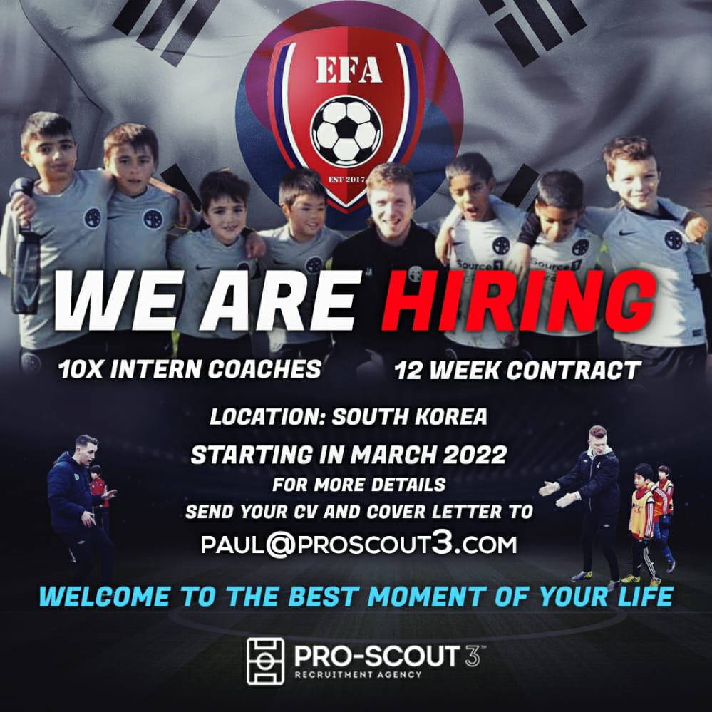 pro_scout3's tweet photo. ๐จ๐จ๐จ๐จWEโRE HIRING๐จ๐จ๐จ๐จ
We are seeking 30 x Interns for 3 x 12 week Coaching blocks in South Korea
First 10 interns will start in March 2022
#AcademyCoach #SouthKorea #Internship https://t.co/CnrqRXdCYg