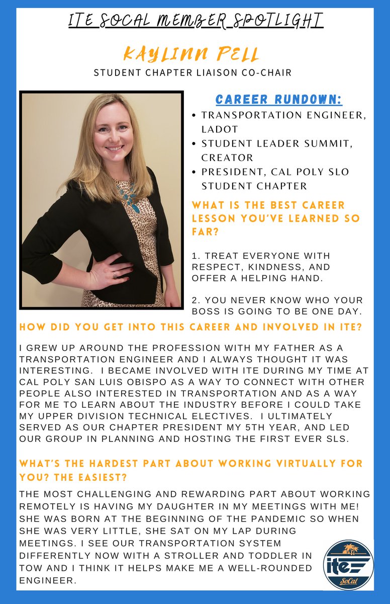 SoCal_ITE's tweet photo. ITE SoCal Member Spotlight this week is our Student Chapter Liaison Co-Chair, Kaylinn PellβοΈπ¦
#ite #itesocal #itewesterndistrict https://t.co/Hm7sVD73v2