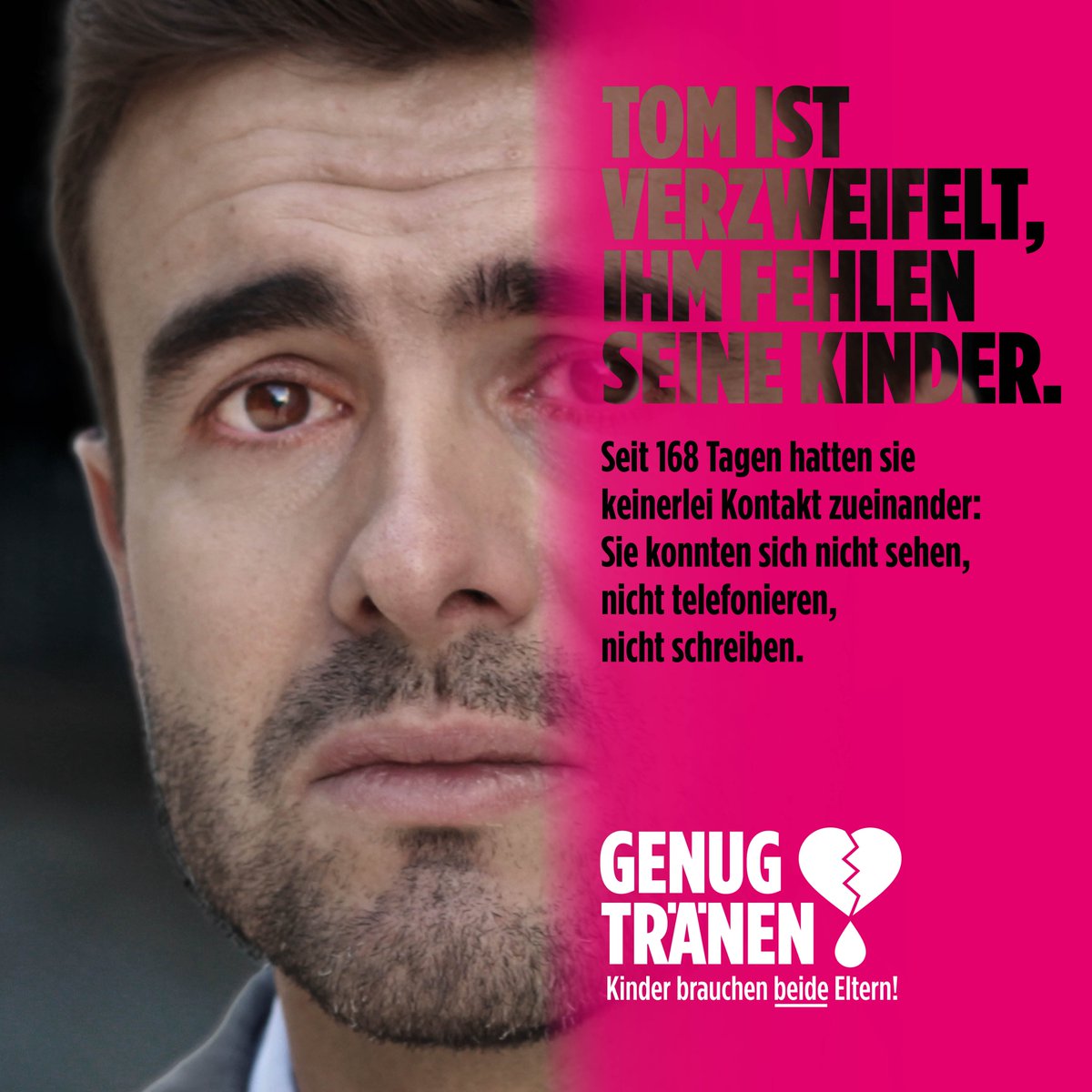 Kein Kind darf gezwungen werden, sich für nur einen Elternteil zu entscheiden – und damit gegen den anderen. 
Kämpfen Sie mit uns gegen Eltern-Kind-Entfremdung!

Mehr unter: genug-traenen.de
#kinderbrauchenbeideeltern #elternkindentfremdung #2023istschluss