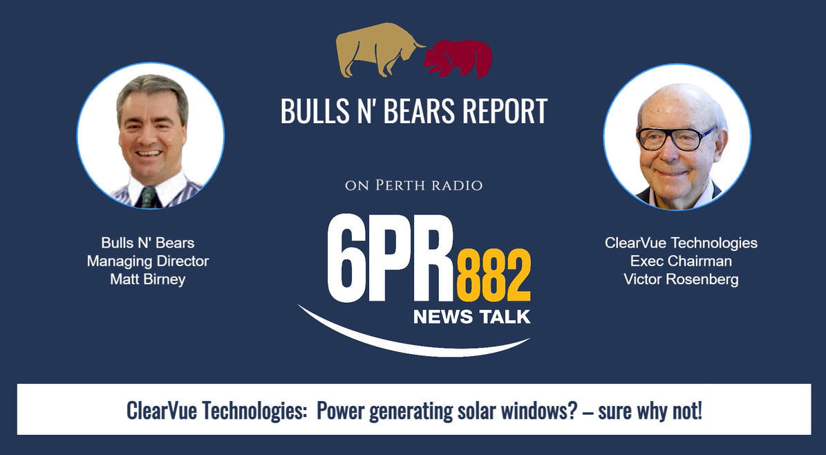 BullsNBearsWA's tweet image. Tune in to @6PR from 11:50am AWST to hear @ClearVuePV EC Victor Rosenberg talk about power generating solar windows.
Click  6pr.com.au/tag/public-com… & press "LISTEN" at 11:50am AWST (2:50pm AEDT) to stream from your device.
$CPV $CPV.AX #ClearvueTechnologies #BullsNBearsReport