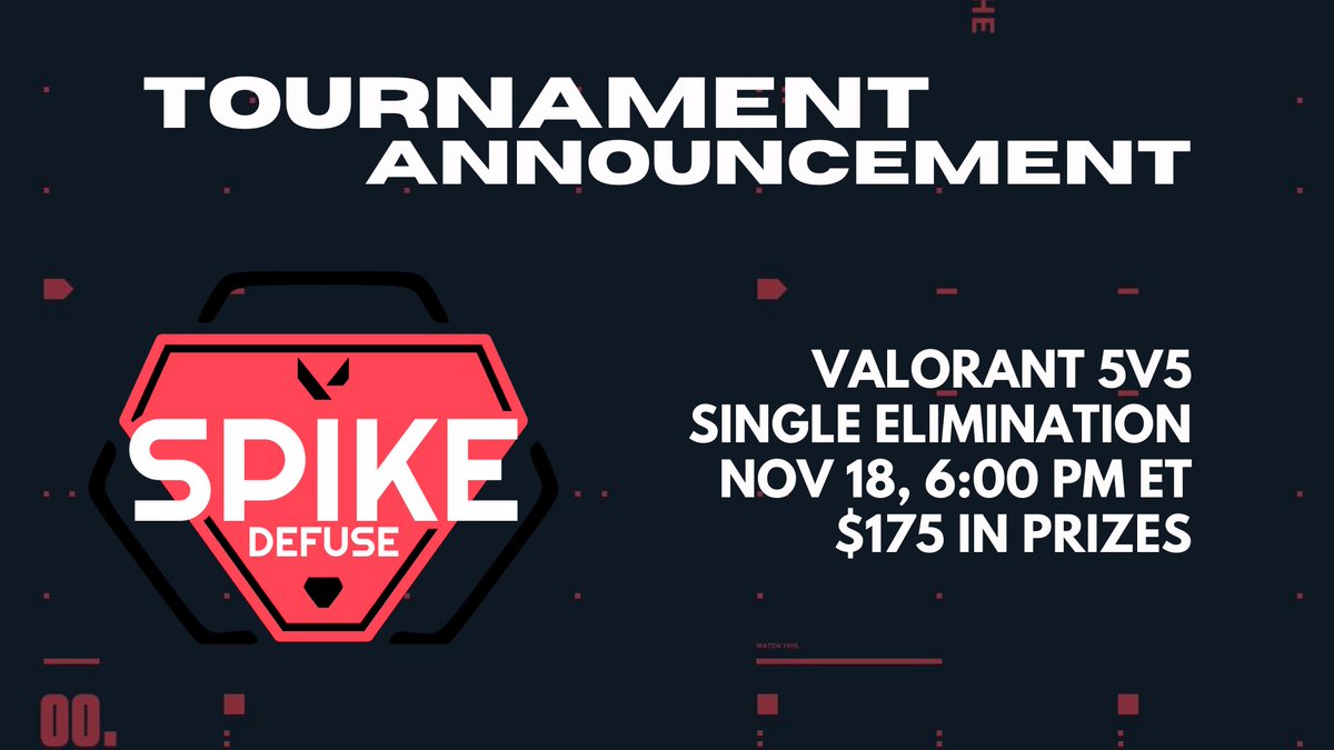 Valorant tournament happening tomorrow, single elimination hosted by Spike Defuse, sign up you and your teammates here: brackot.com/tournament/f18…
🎯 🎯 🎯 🎯 🎯 🎯 🎯 🎯 🎯 🎯 🎯 🎯 🎯 🎯 🎯 🎯 🎯 
#gaming #esports #tournament #valorant #brackot